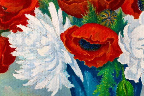 静物画描绘鲜红的罂粟和白色的牡丹花的油画 — 图库照片