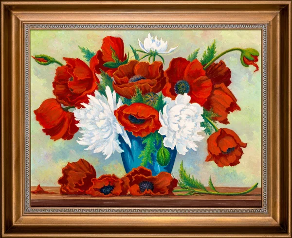 静物画在金黄色的木框里 画着一束鲜红的罂粟和花瓶里的白牡丹 — 图库照片