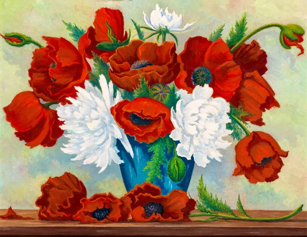 Csendélet Olajfestmény Ábrázoló Csokor Élénk Vörös Mák Fehér Bazsarózsa Virágok — Stock Fotó
