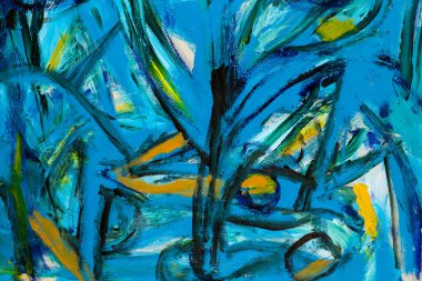 Canlı renklere, güçlü şekillere ve fırça darbelerine sahip soyut boya parçaları. Sanatsal benzersiz resim.