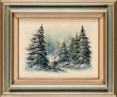 Evergreen çam ağaçları ormanla kaplı. Eski moda kış manzarası yağlı boya tablosu. Noel konsepti.