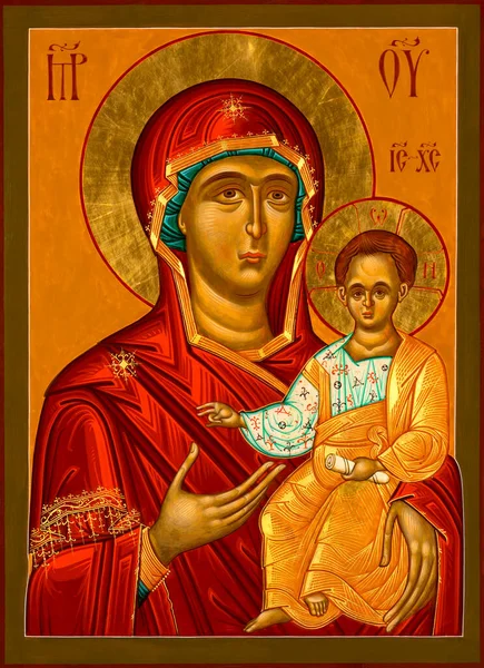 Ícone Pintado Estilo Bizantino Ortodoxo Retratando Virgem Maria Jesus — Fotografia de Stock