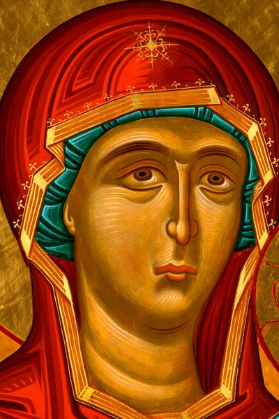 Close Ícone Pintado Estilo Bizantino Ortodoxo Retratando Rosto Virgem Maria — Fotografia de Stock