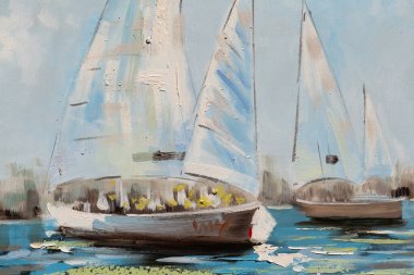 Fragment of oil painting on canvas depicting sailing boats over water oil painting on canvas. Impasto artwork. Impressionism art.. Impasto artwork. Impressionism art.