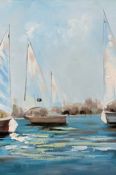 Fragment Oil Painting Canvas Depicting Sailing Boats Water Oil Painting — Fotografia de Stock