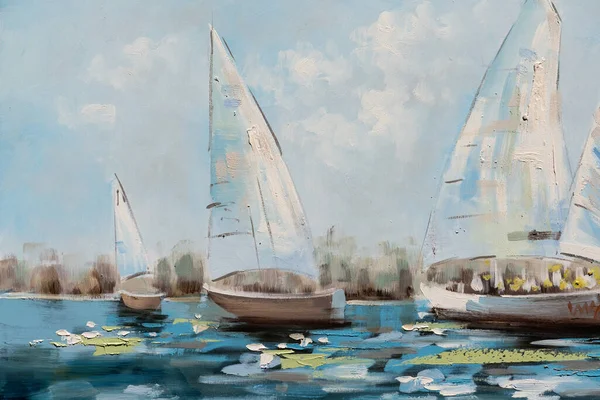 Fragment Oil Painting Canvas Depicting Sailing Boats Water Oil Painting — 스톡 사진