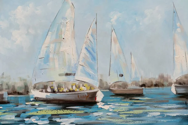 Fragment Oil Painting Canvas Depicting Sailing Boats Water Oil Painting — Foto Stock