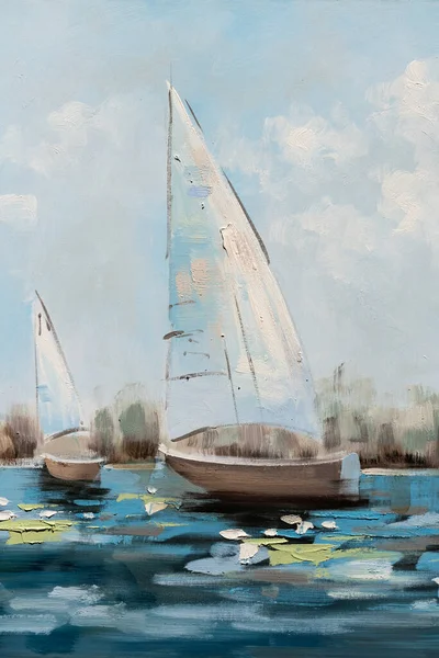 Fragment Oil Painting Canvas Depicting Sailing Boats Water Oil Painting — Stockfoto