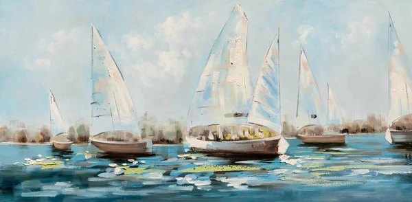 Segling Båtar Över Vatten Oljemålning Duk Impasto Konstverk Impressionistisk Konst — Stockfoto