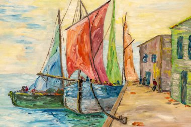 Fragment of oil painting with thick paint brush strokes depicting fisherman boats and shacks in a harbor. Impressionism art.
