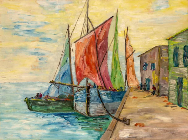 Oil Painting Thick Paint Brush Strokes Depicting Fisherman Boats Shacks — ストック写真