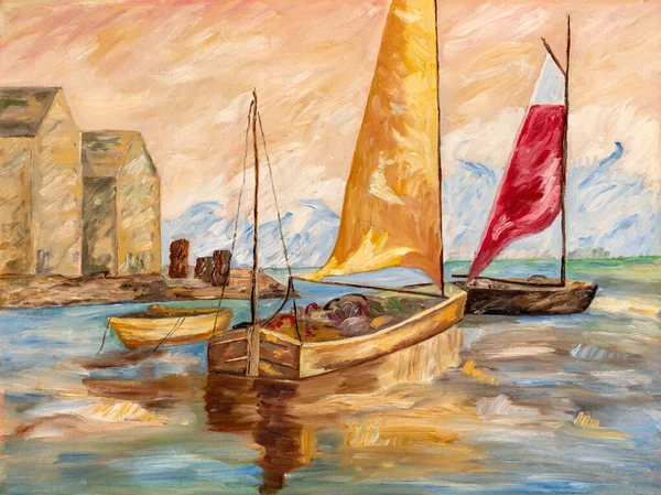 Pintura Óleo Con Pinceladas Gruesas Que Representan Barcos Pescadores Chozas —  Fotos de Stock