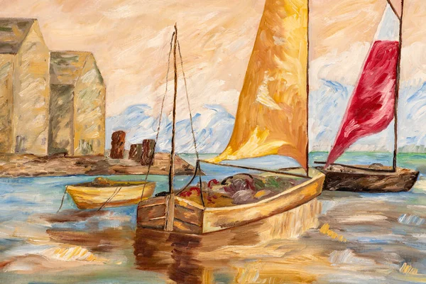 Fragment Oil Painting Thick Paint Brush Strokes Depicting Fisherman Boats — ストック写真