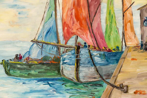 Fragment Oil Painting Thick Paint Brush Strokes Depicting Fisherman Boats — ストック写真