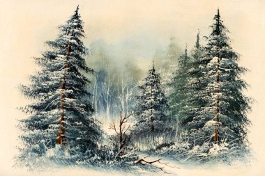 Karlı bir tarlada Evergreen çam ağaçları. Klasik kış manzarası yağlı boya resmi. Noel konsepti.