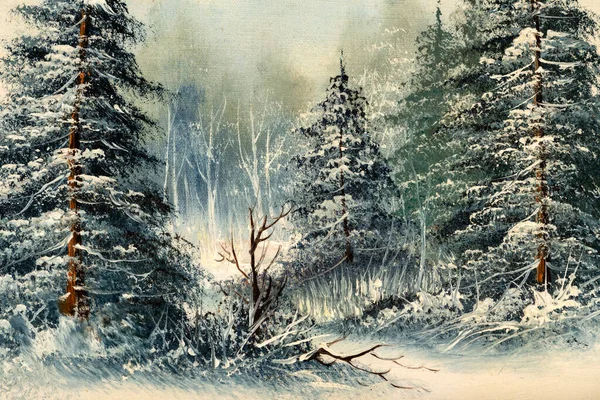 Wiecznie Zielone Sosny Zaśnieżonym Polu Zbliżenie Vintage Sceny Zimowej Obraz — Zdjęcie stockowe