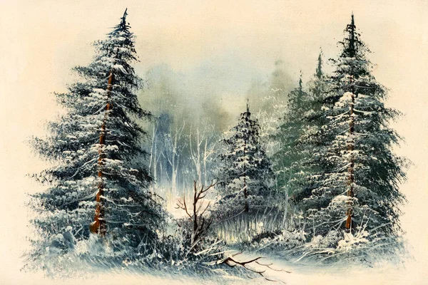 Evergreen Pine Trees Snowy Field Vintage Winter Scene Oil Painting — Stok fotoğraf