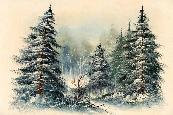 Evergreen pine trees in a snowy field. Vintage winter scene oil painting. Christmas concept.