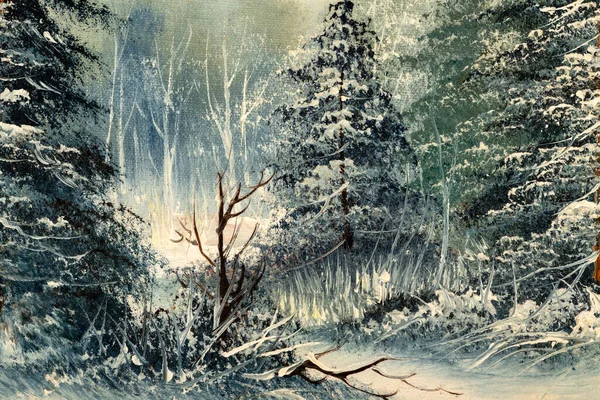 Evergreen Pine Trees Snowy Field Close Vintage Winter Scene Oil — Foto Stock