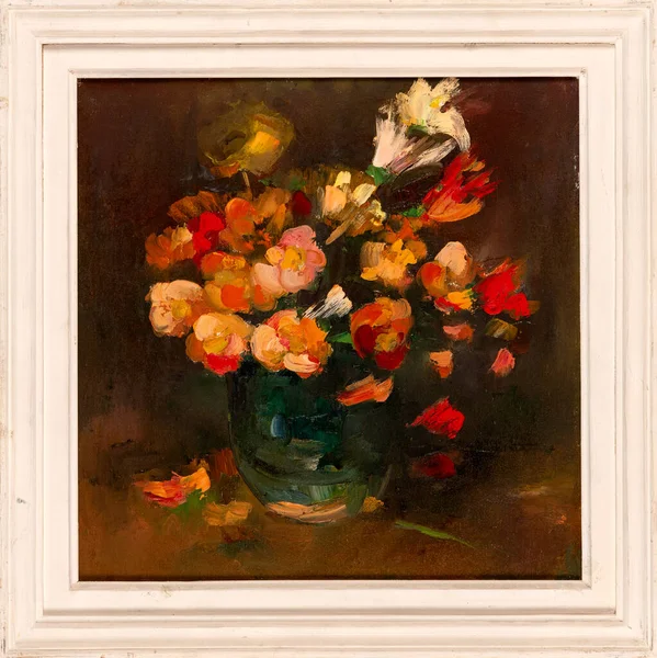 花瓶に花束を描いたキャンバス上のスチールライフハンドメイドの油絵をフレーム 印象派スタイル — ストック写真