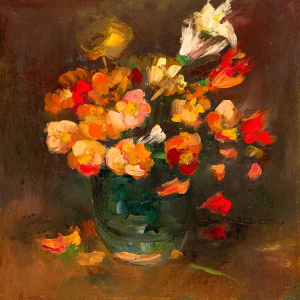 Stilleben Handgjorda Oljemålning Duk Skildrar Blommor Bukett Vas Impressionism Stil — Stockfoto