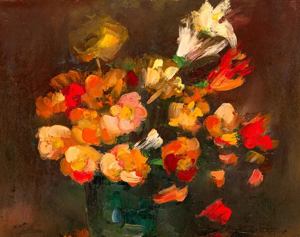 Detail Olejomalba Plátně Zobrazující Kytice Květin Váze Impresionismus Styl — Stock fotografie