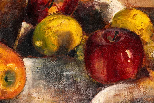 リンゴとレモンの静物画のマクロショット 大きなブラシストローク油絵の詳細テクスチャ — ストック写真