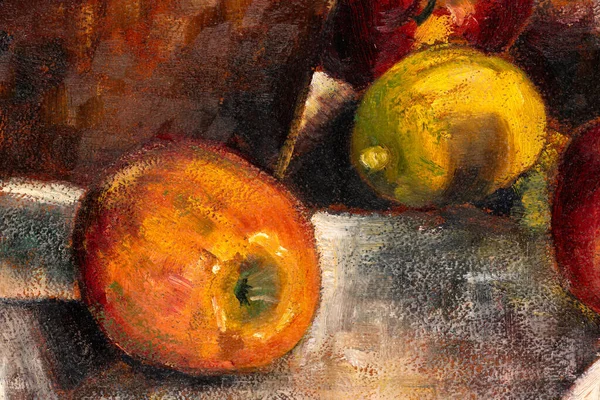 リンゴとレモンの静物画のマクロショット 大きなブラシストローク油絵の詳細テクスチャ — ストック写真