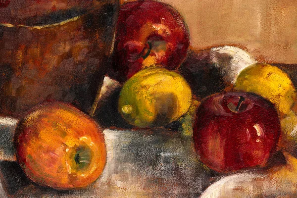 Macro Bodegón Pintura Manzanas Limones Pinceladas Grandes Pintura Óleo Textura —  Fotos de Stock