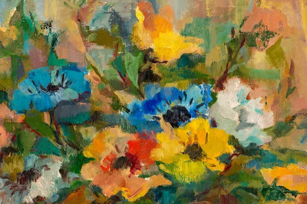 Zblízka Impresionistický Styl Olejomalba Zobrazující Kytice Pastelových Barevných Květin — Stock fotografie