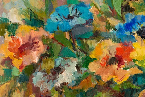 Närbild Impressionist Stil Oljemålning Som Skildrar Bukett Pastell Färgade Blommor — Stockfoto