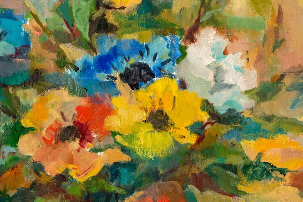 Close Uma Pintura Óleo Estilo Impressionista Retratando Buquê Flores Coloridas — Fotografia de Stock