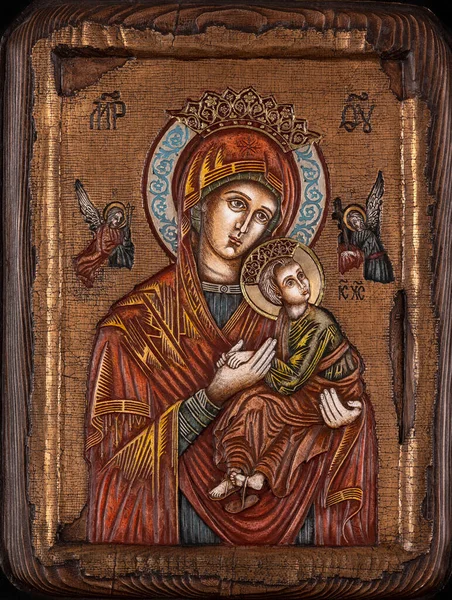 Icono Pintado Estilo Bizantino Ortodoxo Que Representa Virgen María Jesús — Foto de Stock