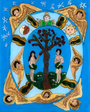 İkon, Adem ve Havva 'yı tasvir eden Doğu Avrupa' nın naif ortodoks tarzında ters cam üzerine boyanmış. Çocuk resmi.