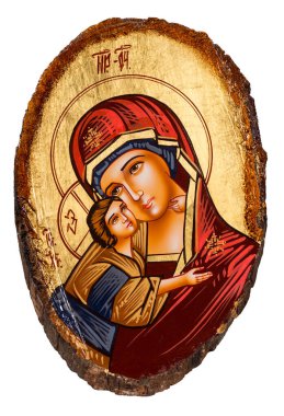 Bizans ya da ortodoks tarzında resmedilen ikon, Meryem Ana ve bebek İsa 'yı tasvir ediyor. Ağaç gövdesinden kesilmiş bir ahşabın üzerine resim yapmak..