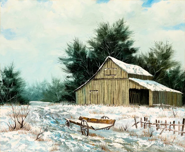 Obraz Olejny Starego Domu Stodoły Drewnianego Wagonu Zimowym Krajobrazie Święta — Zdjęcie stockowe