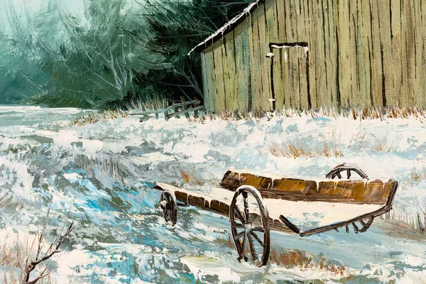 Oljemålning Gammal Ladugård Och Trävagn Vinterlandskapet Julen Semester Eller Old — Stockfoto