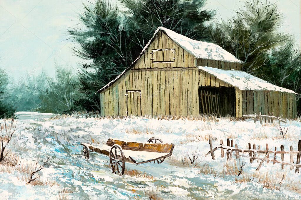 Oil painting of an old barn house and wooden wagon in winter landscape. Christmas Holiday or Old West concept.