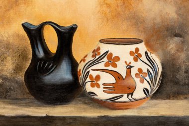 Close-up of oil painting of still life with American Indian style clay pots. clipart