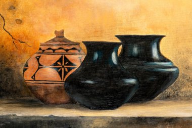 Close-up of oil painting of still life with American Indian style clay pots. clipart