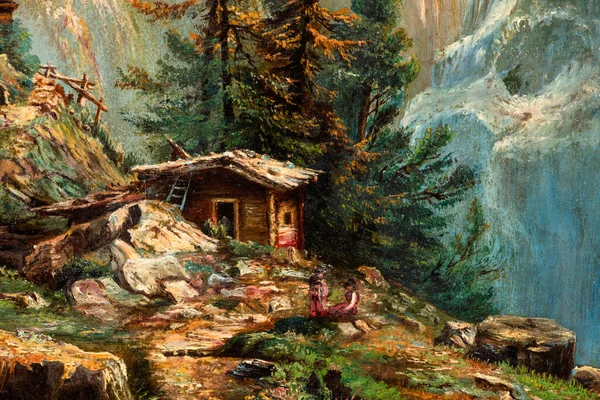 Närbild Vintage Oljemålning Skildrar Timmerstugor Och Majestätiska Snötäckta Berg Landskap — Stockfoto