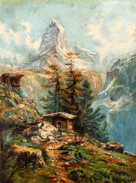Pintura Óleo Vintage Que Descreve Cabines Madeira Majestosas Montanhas Cobertas — Fotografia de Stock