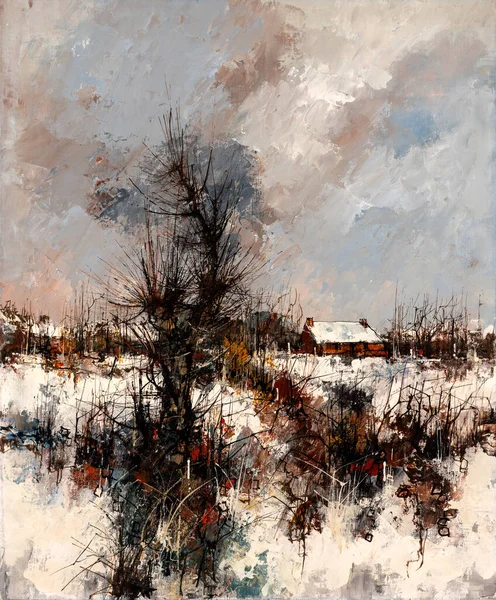 Malarstwo Olejne Zbliżenie Wiejskiego Krajobrazu Zimie Koncepcja Świąt — Zdjęcie stockowe