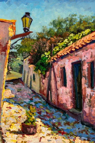 街路灯 石造りの家 色とりどりの植物や植物が描かれた絵のような路地を描いたヴィンテージの油絵 — ストック写真