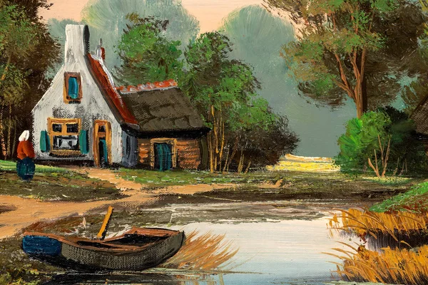 葦の草 木のボートで牧歌的なコテージやログキャビンを描いたヴィンテージの油絵のクローズアップ — ストック写真