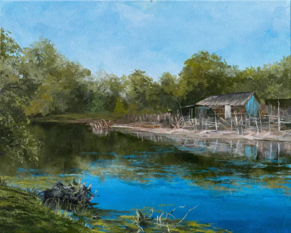 Oil Painting Warm Day Rural Summer Landscape Danube Delta Old — Stockfoto