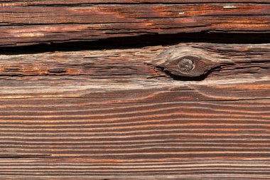 Macro shot of an ancient weathered dark brown cracked wood beam surface with nice rough grain texture.