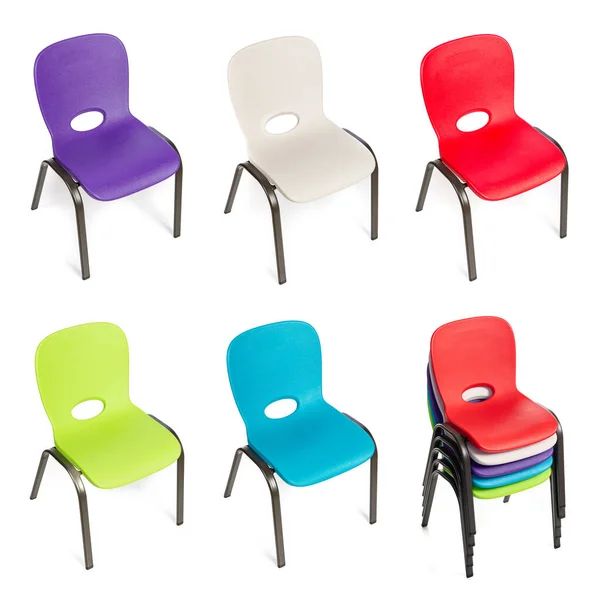 Collection Plastic Chairs Children Diverse Colors White Background — Stok fotoğraf