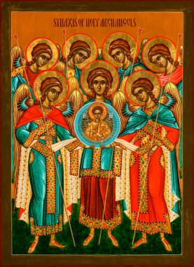 Orthodox icon depicting the Synaxis of the Holy Archangels painted in the Byzantine style.