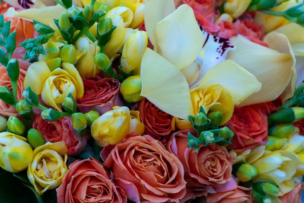 Piękny Bukiet Ślubny Pomarańczową Różą Zbliżenie Kwiatowe Tło Tekstura — Zdjęcie stockowe